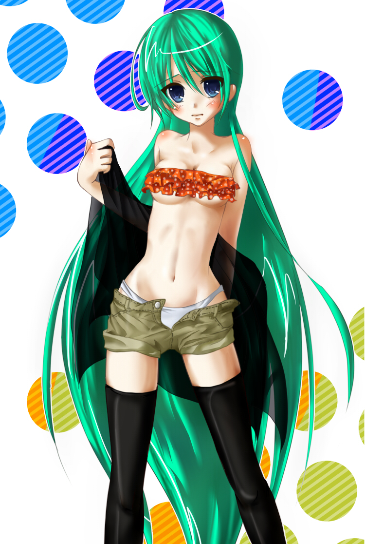 bad_id bandeau bare_shoulders blue_eyes blush breasts frills green_hair hatsune_miku long_hair midriff navel open_fly panties shinshi27 short_shorts shorts solo thigh-highs thighhighs unbuttoned underboob underwear unzipped very_long_hair vocaloid