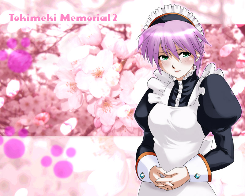 blush cherry_blossoms green_eyes maid maid_headdress pink_hair tat tokimeki_memorial tokimeki_memorial_2 yae_kaori