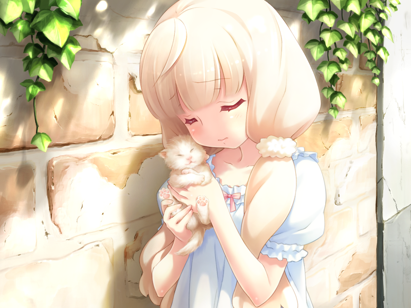 1girl 3: blonde_hair brick_wall cafe_sourire cat closed_eyes game_cg gayarou holding_cat kitten low_twintails ogiwara_kyouko solo twintails vines