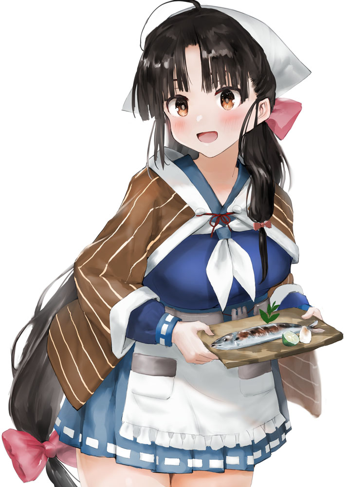1girl ahoge apron black_hair blue_skirt blush bow breasts brown_eyes brown_shawl cosplay cowboy_shot dated eyebrows_visible_through_hair fish food fruit hair_bow jingei_(kancolle) jingei_(kancolle)_(cosplay) kantai_collection large_breasts lemon lemon_slice long_hair long_sleeves low-tied_long_hair medium_breasts neckerchief open_mouth pink_ribbon pleated_skirt revision ribbon saury shawl shouhou_(kancolle) signature simple_background skirt smile solo toka_(marchlizard) very_long_hair waist_apron white_apron white_background white_neckerchief