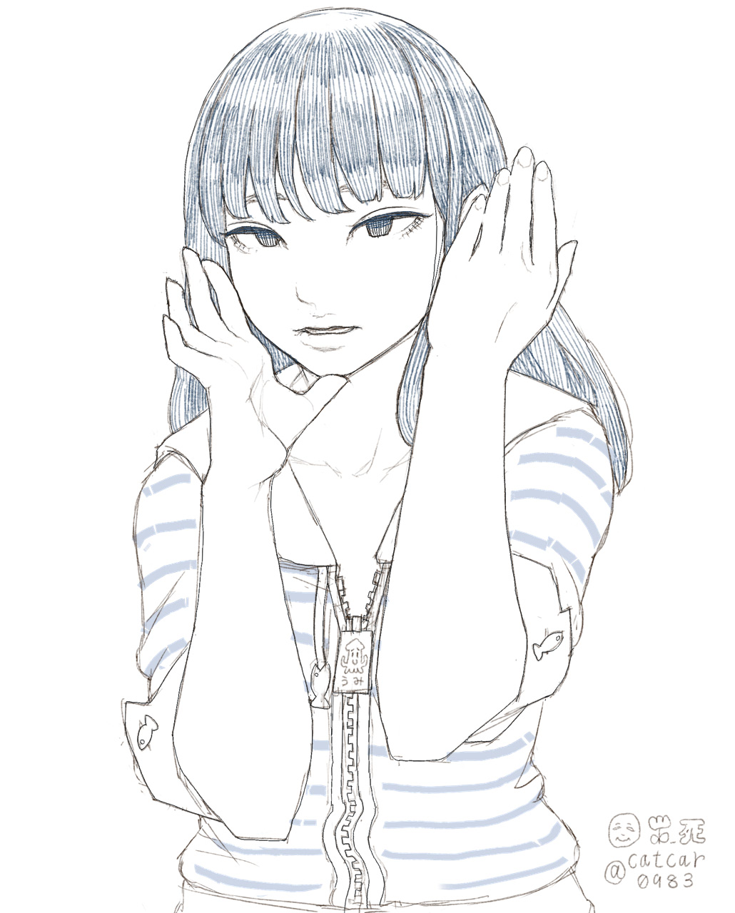 1girl bangs blunt_bangs catcar0983 fish hands hands_up highres long_hair monochrome original parted_lips sketch sleeve_cuffs solo striped upper_body zipper