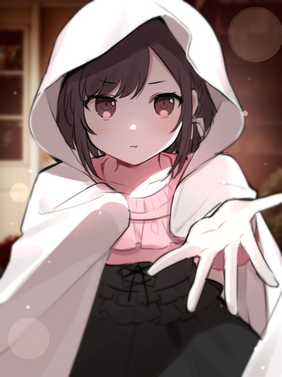 1girl bangs bed_sheet black_skirt blush bow bow_earrings braid brown_eyes brown_hair closed_mouth collarbone commentary earrings enskkt high-waist_skirt highres indoors jewelry lens_flare long_sleeves looking_at_viewer outstretched_hand pink_sweater pout project_sekai reaching_out sheet_grab shinonome_ena short_hair sidelocks skirt solo sweater