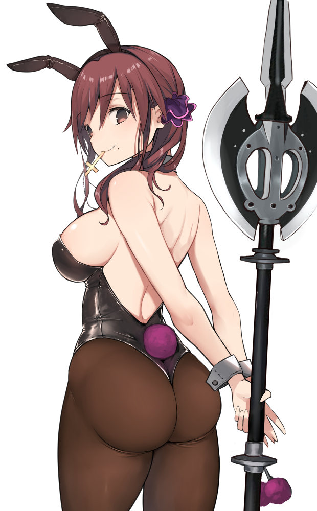 1girl animal_ears ass back black_legwear breasts brown_eyes brown_hair cross cross_necklace fake_animal_ears halberd holding holding_weapon jewelry long_hair looking_at_viewer melty_blood mole mole_under_mouth necklace no_bra noel_(tsukihime) pantyhose playboy_bunny polearm rabbit_ears sideboob simple_background smile solo tsukihime weapon white_background wrist_cuffs yuzuruka_(bougainvillea)