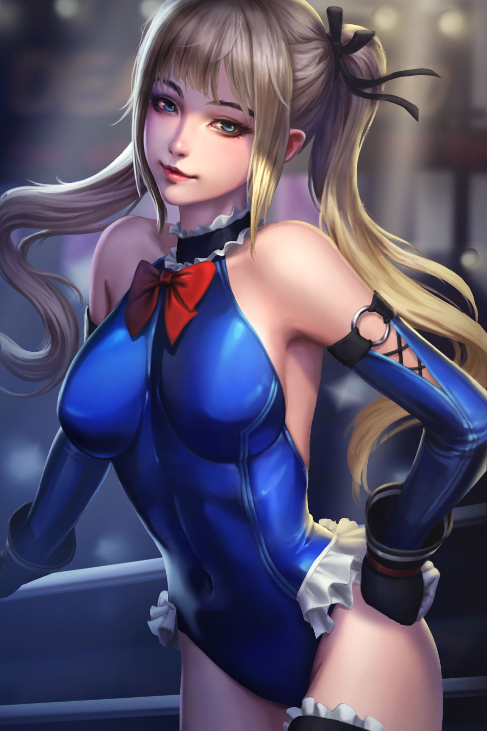 1girl azhang bangs bare_shoulders blonde_hair blue_eyes blue_leotard bow breasts closed_mouth commentary covered_navel dead_or_alive dead_or_alive_5 frilled_leotard frills gloves hand_on_hip highres leotard lips long_hair looking_at_viewer marie_rose medium_breasts o-ring red_bow shiny shiny_clothes simple_background sleeveless solo thigh_strap thighs tied_hair twintails
