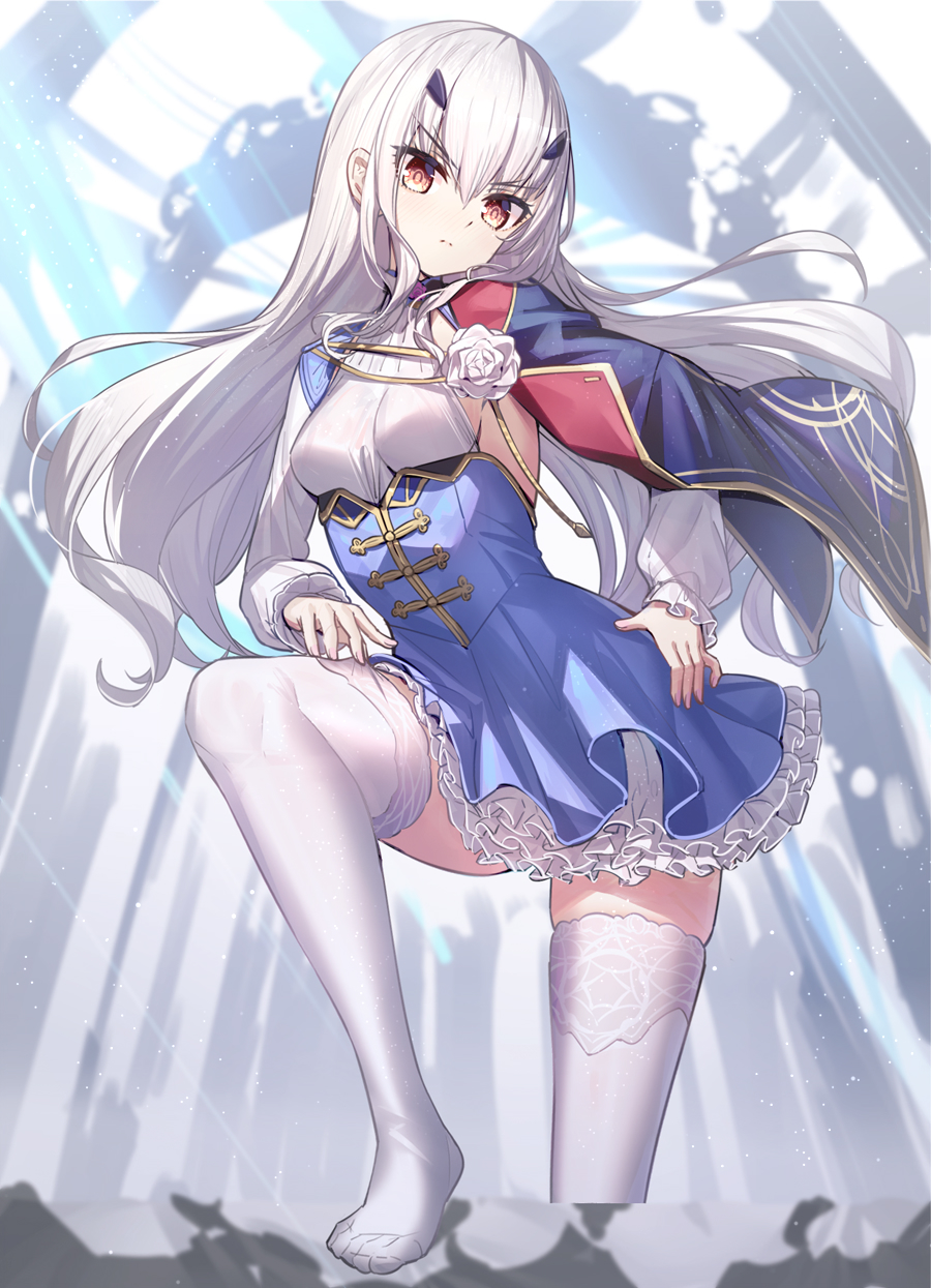 1girl backlighting bangs blue_cape blue_dress blurry blurry_background blush breasts brown_eyes cape dress eyebrows_visible_through_hair fairy_knight_lancelot_(fate) fate/grand_order fate_(series) flower frilled_dress frills hair_between_eyes hand_on_hip highres lace-trimmed_legwear lace_trim long_hair long_sleeves looking_at_viewer no_shoes ririko_(zhuoyandesailaer) sideboob sidelocks skindentation small_breasts soles solo standing thigh-highs very_long_hair white_flower white_hair white_legwear