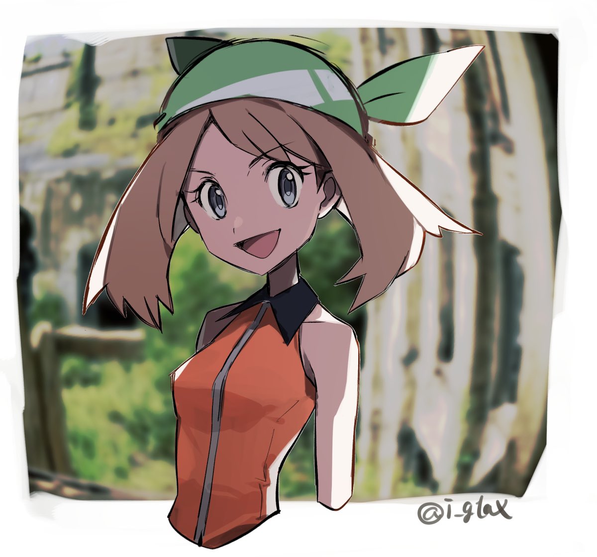 1girl :d bangs bare_arms border brown_hair collared_dress commentary_request dress eyelashes green_bandana grey_eyes i_g1ax looking_at_viewer may_(pokemon) medium_hair open_mouth orange_dress pokemon pokemon_(game) pokemon_emerald pokemon_rse sleeveless sleeveless_dress smile solo tongue twitter_username upper_body white_border