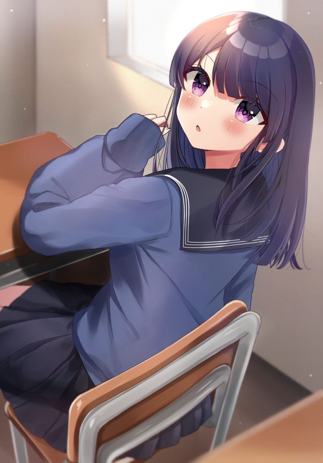 1girl bangs black_hair black_sailor_collar black_skirt blue_sweater blush chair commentary_request day desk eyebrows_visible_through_hair from_behind hand_up highres indoors long_hair long_sleeves looking_at_viewer looking_back minami_saki on_chair original parted_lips pleated_skirt sailor_collar school_chair school_desk school_uniform serafuku sitting skirt sleeves_past_wrists solo sunlight sweater violet_eyes window
