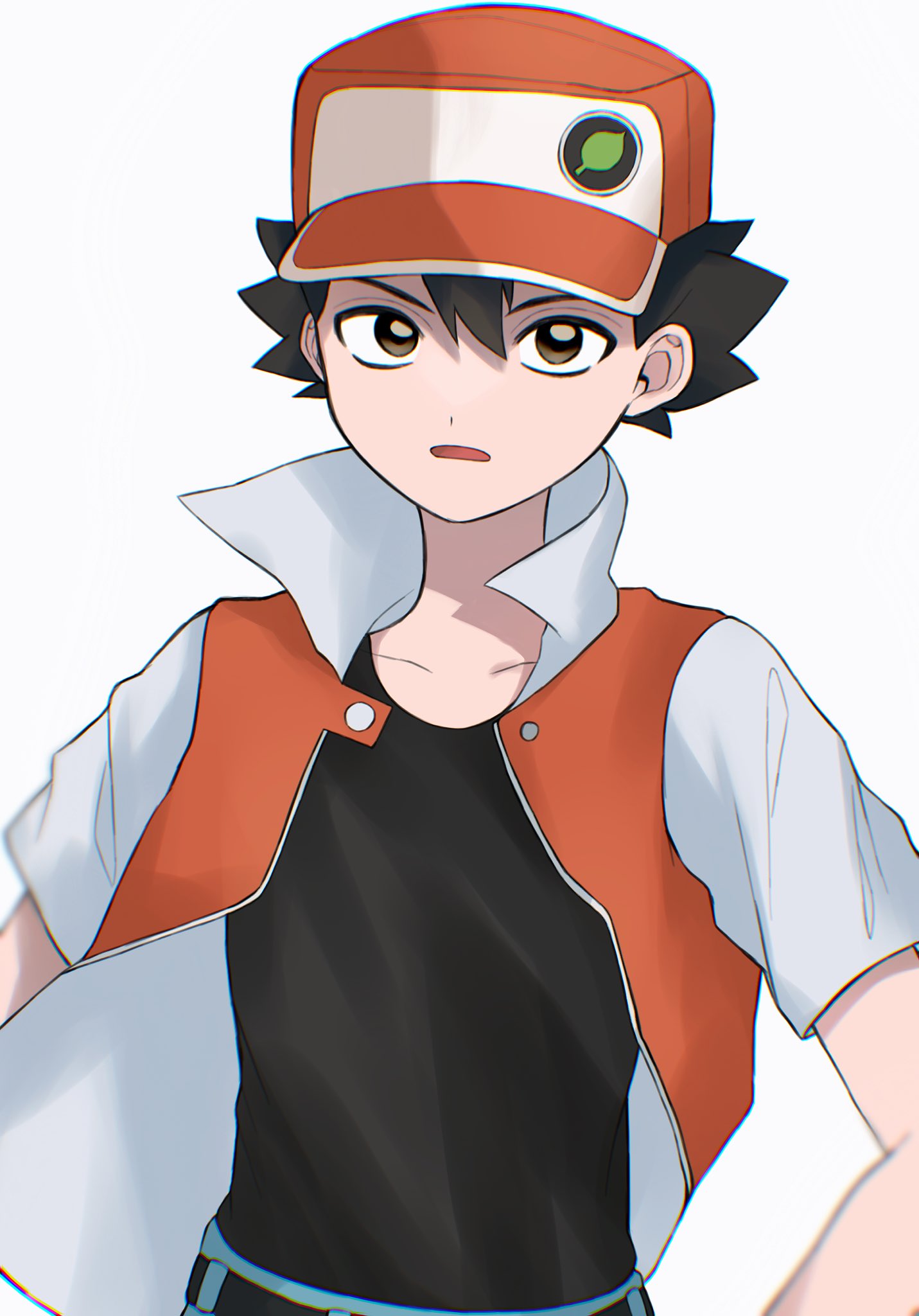 1boy bangs belt black_belt black_hair black_shirt blue_pants blurry brown_eyes collarbone commentary_request highres jacket looking_at_viewer male_focus open_clothes open_jacket open_mouth pants pokemon pokemon_(game) pokemon_rgby red_(pokemon) shirt short_hair short_sleeves solo spiky_hair umekobushi white_background