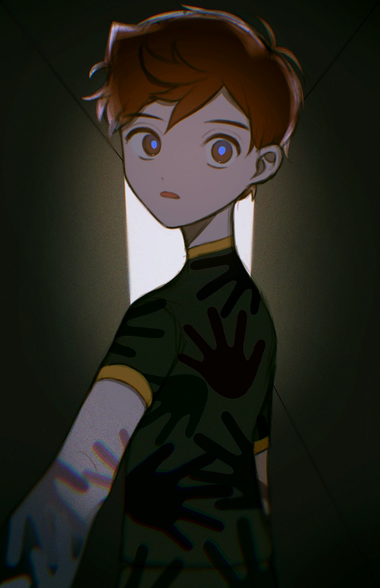 alternate_costume bangs black_shirt blue_pupils brown_eyes brown_hair chromatic_aberration commentary dark from_behind hallway highres looking_at_viewer looking_back open_mouth pokemon pokemon_(game) pokemon_swsh shirt short_hair short_sleeves umekobushi upper_body victor_(pokemon)