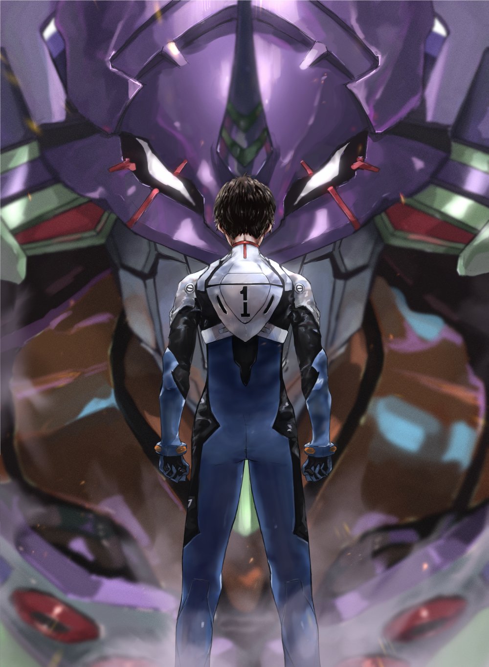 1boy bodysuit brown_hair clenched_hands eva_01 from_behind highres horns ikari_shinji kdm_(ke_dama) looking_down male_focus mecha neon_genesis_evangelion pilot_suit plugsuit science_fiction single_horn solo_focus white_eyes