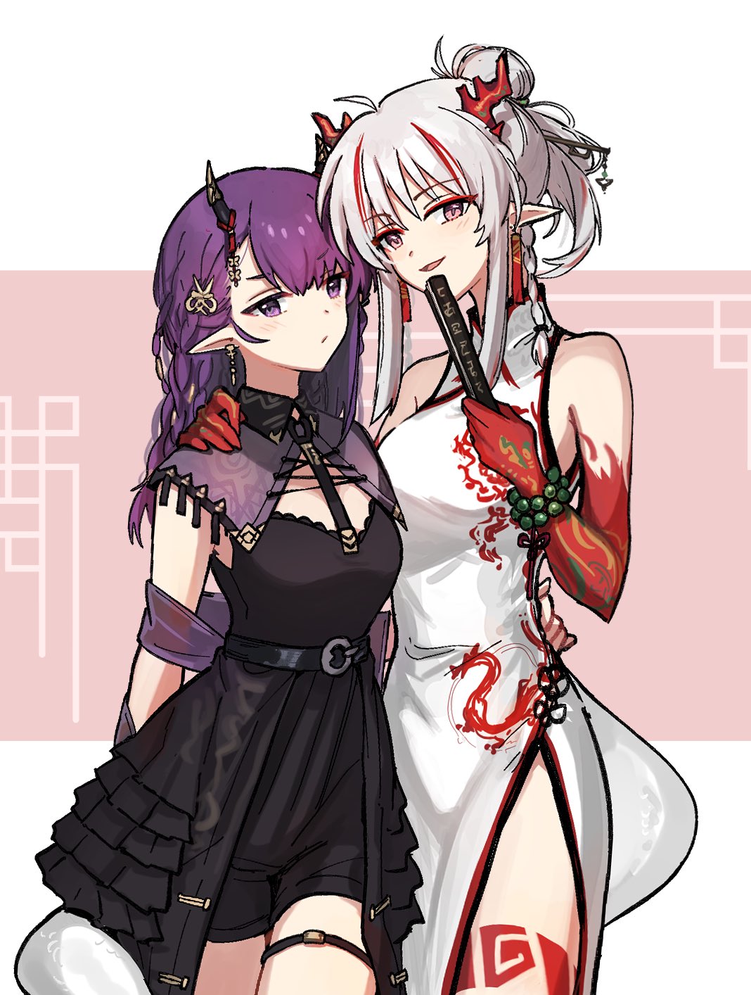 2girls arknights bead_bracelet beads black_dress bracelet braid china_dress chinese_clothes cowboy_shot dress folding_fan hand_fan highres holding holding_fan horns jewelry lava_(arknights) light_blush long_hair looking_at_viewer mabing multicolored_hair multiple_girls nian_(arknights) nian_(unfettered_freedom)_(arknights) official_alternate_costume parted_lips pointy_ears purple_hair red_eyes redhead shawl sidelocks sleeveless sleeveless_dress streaked_hair tail thigh_strap violet_eyes white_hair