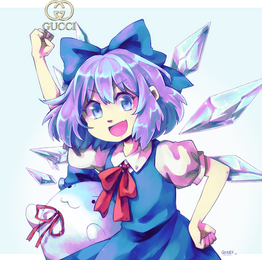 1girl :3 :d arm_up bangs blue_background blue_bow blue_dress blue_eyes blue_hair bow cirno clenched_hands collared_shirt cowboy_shot dress english_commentary eyebrows_visible_through_hair fang gucci hair_bow hand_on_hip ice ice_wings looking_at_viewer open_mouth puffy_short_sleeves puffy_sleeves qixzy red_neckwear shirt short_hair short_sleeves signature simple_background skin_fang smile standing sukusuku_hakutaku touhou v-shaped_eyebrows white_shirt wings