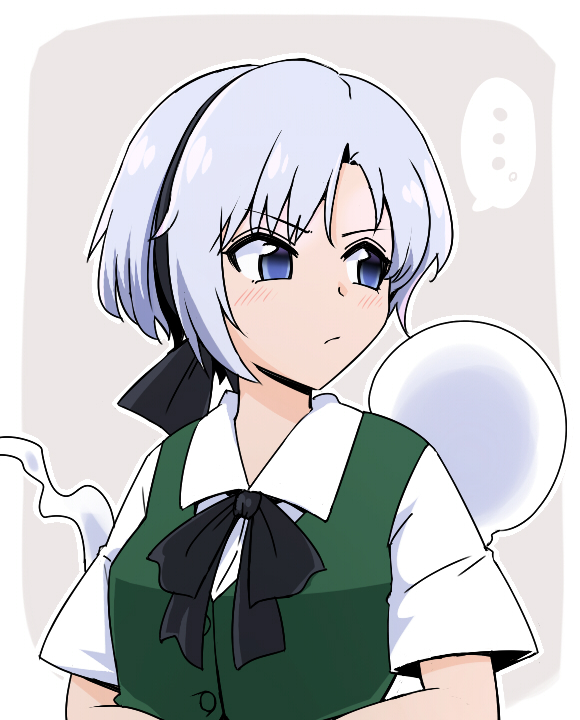 ... 1girl :/ alternate_hairstyle bangs black_hairband black_neckwear black_ribbon blue_eyes blush breasts buttons closed_mouth collared_shirt commentary_request eyebrows_visible_through_hair eyelashes ghost green_vest grey_background hairband hitodama konpaku_youmu konpaku_youmu_(ghost) looking_to_the_side medium_breasts outside_border pocket ribbon shio_(futatsumami) shirt short_hair short_sleeves silver_hair simple_background solo spoken_ellipsis standing touhou upper_body v-shaped_eyebrows vest white_shirt wing_collar