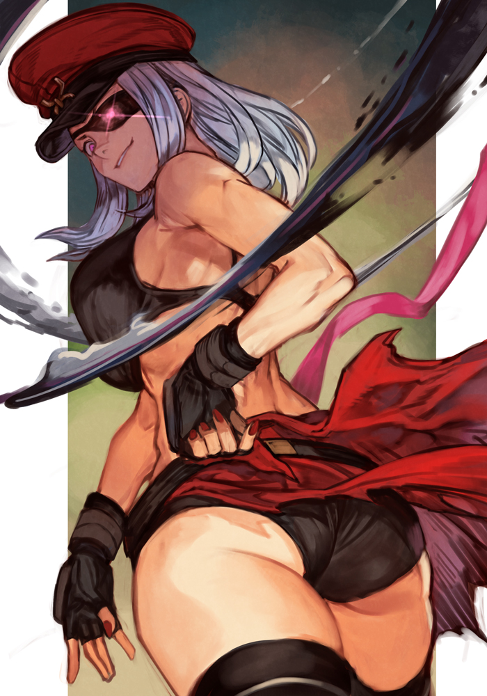1girl ass bare_shoulders black_legwear black_shorts cowboy_shot eyepatch fingernails from_behind glowing glowing_eye grey_hair hankuri hat looking_at_viewer looking_back medium_hair micro_shorts nail_polish one_eye_covered red_headwear red_nails shorts smile solo standing thigh-highs waist_cape