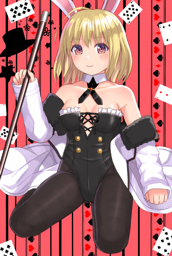 1girl ahoge animal_ears bangs bare_shoulders black_headwear black_legwear black_leotard blonde_hair card closed_mouth club_(shape) collarbone commentary_request diamond_(shape) eyebrows_visible_through_hair frilled_leotard frills full_body fur-trimmed_jacket fur_trim hat hat_removed headwear_removed heart holding jacket leotard long_sleeves off_shoulder open_clothes open_jacket original pantyhose pink_background playboy_bunny playing_card rabbit_ears red_eyes seiza sitting sleeves_past_wrists smile solo spade_(shape) star_(symbol) strapless strapless_leotard striped striped_background tukino_neru vertical_stripes white_jacket