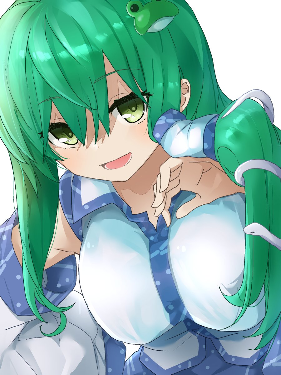 1girl :d bangs breasts collared_shirt detached_sleeves eyebrows_visible_through_hair frog_hair_ornament green_eyes green_hair hair_ornament hair_tubes highres kochiya_sanae large_breasts long_hair looking_at_viewer open_mouth shirt simple_background smile snake_hair_ornament solo touhou tyouseki upper_body white_background wide_sleeves