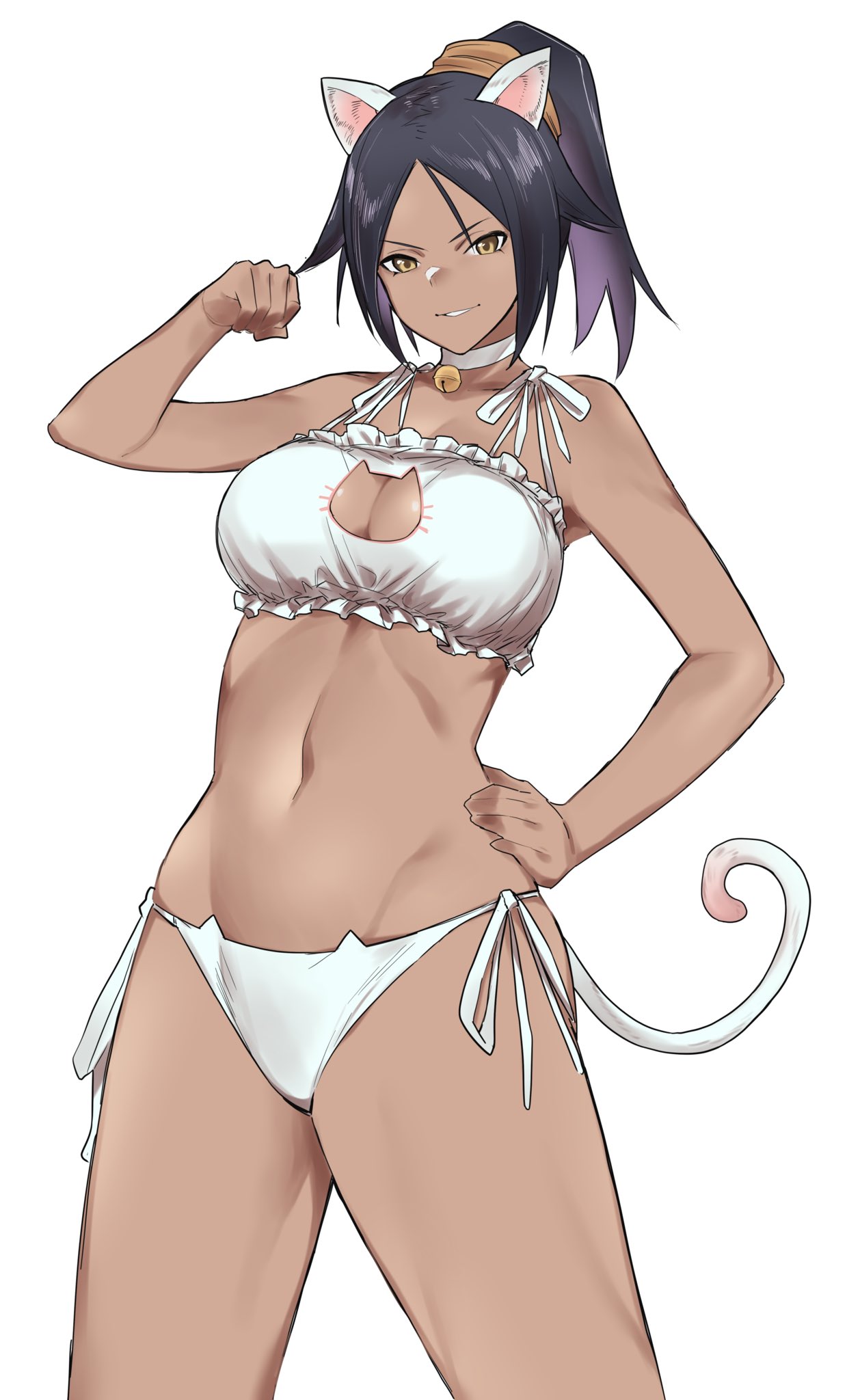 1girl animal_ears animal_print arm_up bangs bell black_hair bleach bra breasts brown_eyes cat_cutout cat_ears cat_lingerie cat_panties cat_print cat_tail choker clothing_cutout dark_skin hair_tie hand_on_hip highres jingle_bell kuma_(jk0073) large_breasts long_hair looking_at_viewer meme_attire navel neck_bell panties parted_bangs paw_pose paw_print ponytail print_panties shihouin_yoruichi side-tie_panties smile solo standing tail underwear white_background white_bra white_panties