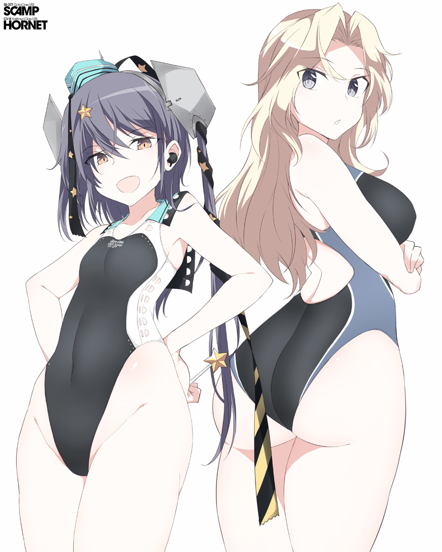 1girl 2girls alternate_costume aqua_headwear ass black_ribbon black_swimsuit blonde_hair breasts candy competition_swimsuit cowboy_shot crossed_arms food garrison_cap grey_eyes grey_hair hair_ornament hair_ribbon hands_on_hips hat holding holding_candy holding_food hornet_(kancolle) kantai_collection large_breasts long_hair looking_at_viewer multiple_girls one-piece_swimsuit orange_eyes ribbon scamp_(kancolle) shigino_sohuzi side_ponytail small_breasts star_(symbol) star_hair_ornament swimsuit white_background