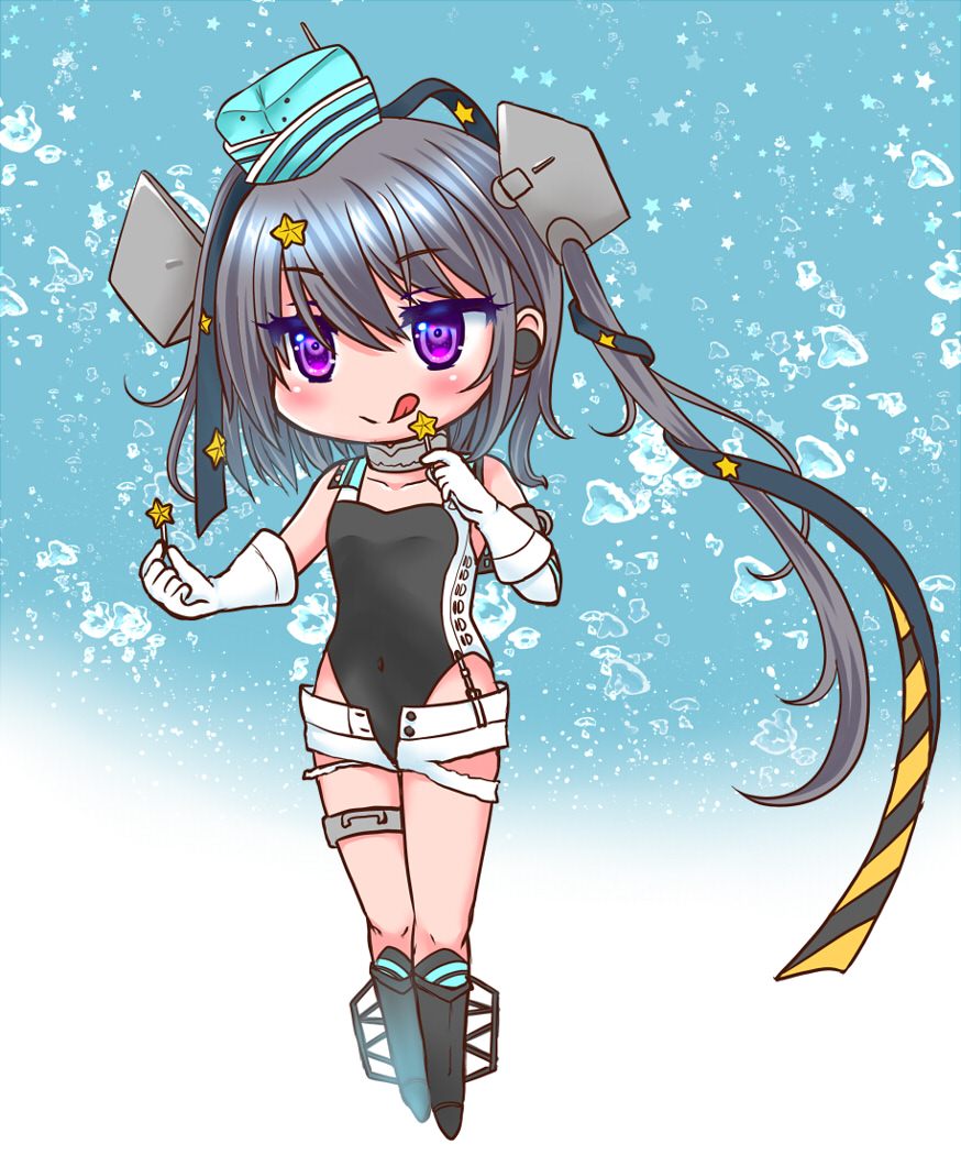 1girl aqua_headwear black_footwear black_ribbon black_swimsuit chibi commentary_request competition_swimsuit full_body garrison_cap gloves gradient gradient_background grey_eyes grey_hair hair_ornament hair_ribbon hat kantai_collection long_hair one-piece_swimsuit ribbon rudder_footwear scamp_(kancolle) sharasohju short_shorts shorts side_ponytail solo star_(symbol) star_hair_ornament swimsuit white_gloves white_shorts