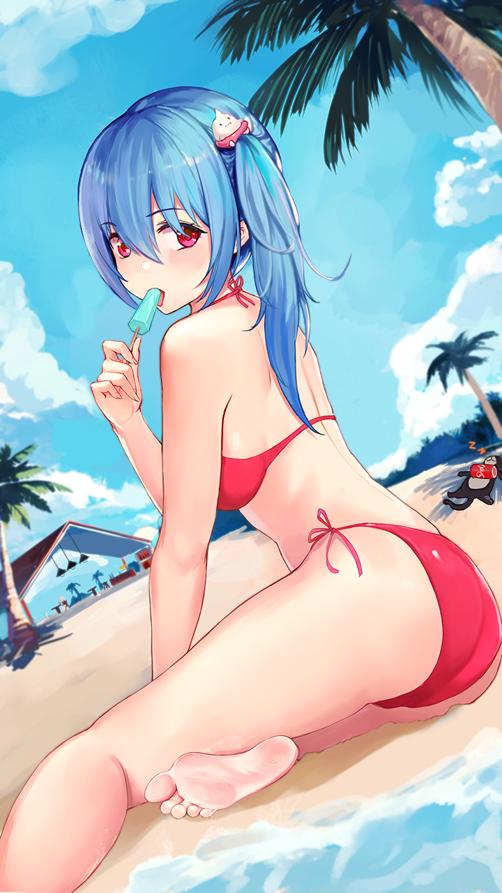 1girl ass bangs barefoot beach bikini blue_hair blue_sky clouds commentary day dutch_angle eating eyebrows_visible_through_hair food from_behind hair_between_eyes hair_ornament halter_top halterneck highres holding holding_food looking_at_viewer looking_back on_ground outdoors palm_tree popsicle quincy_(warship_girls_r) red_bikini red_eyes sand side-tie_bikini side_ponytail sitting sky soles solo swimsuit symbol-only_commentary toes tree warship_girls_r water wuguno_ziran_juan