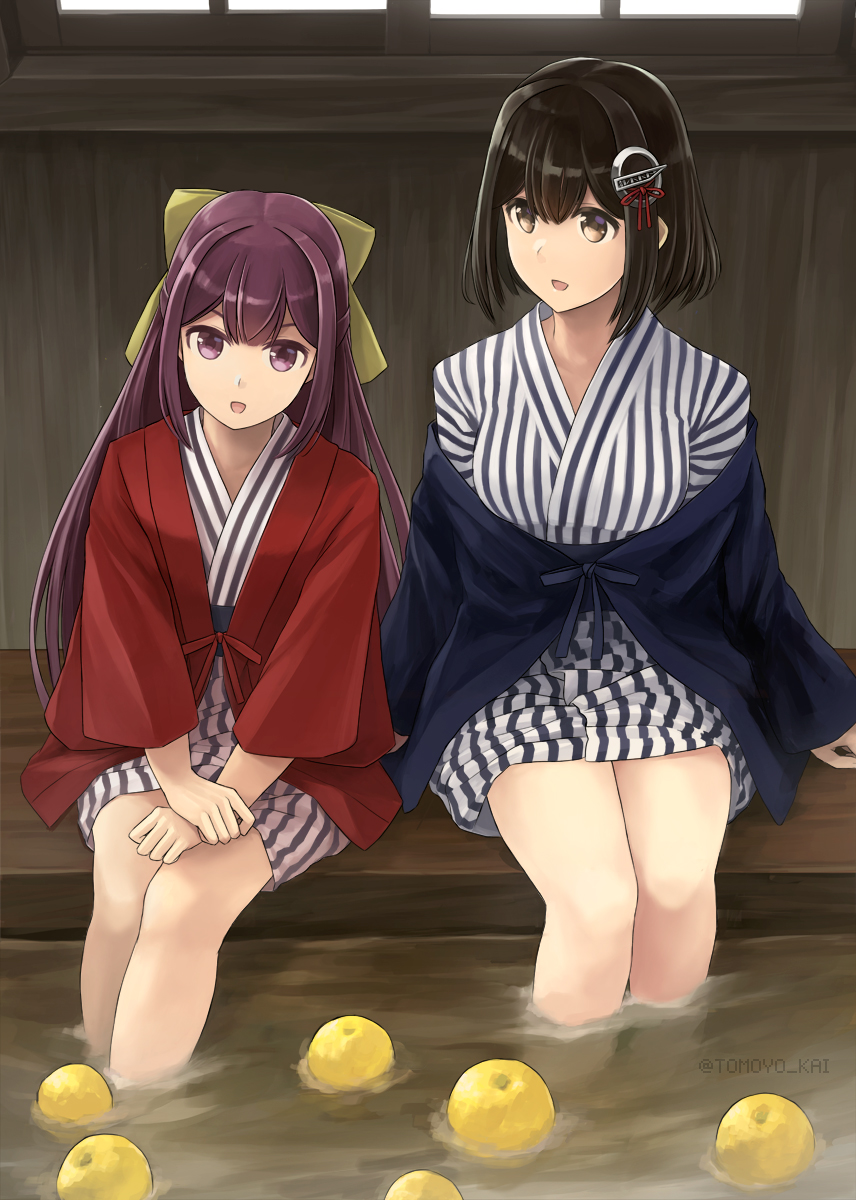 2girls adapted_costume alternate_costume bare_legs haguro_(kancolle) highres japanese_clothes kamikaze_(kancolle) kantai_collection kimono multiple_girls partially_submerged soaking_feet tomoyo_kai water water_spring wet yukata