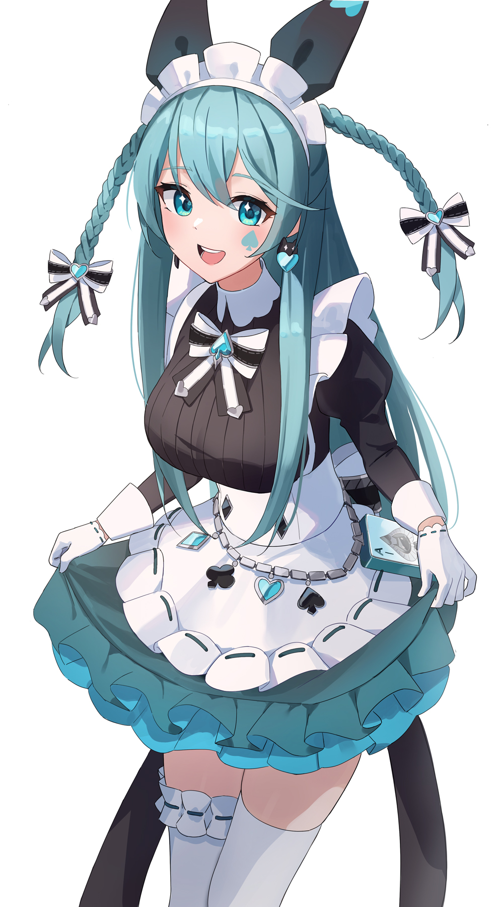 1girl :d alternate_costume animal_ears apron black_dress black_survival blue_eyes blue_hair bow bowtie braid breasts curtsey dress earrings emma_hardy enmaided fake_animal_ears frilled_dress frills gloves gradient_clothes highres jewelry juliet_sleeves long_hair long_sleeves looking_at_viewer maid maid_apron maid_headdress medium_breasts minn_(kangjm1107) puffy_sleeves ribbed_dress simple_background smile solo thigh-highs twin_braids very_long_hair white_background white_gloves white_legwear zettai_ryouiki