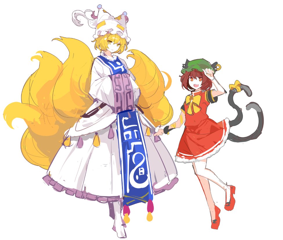 2girls animal_ears bangs bell blonde_hair blush bow cat_ears cat_tail chen commentary_request crossed_arms earrings eating fluffy fox_tail full_body hands_in_opposite_sleeves hat ideolo jewelry kyuubi long_sleeves mary_janes multiple_girls multiple_tails pillow_hat red_footwear ribbon shoes short_hair simple_background single_earring sketch socks standing surcoat tabard tail tail_ornament tail_ribbon tassel touhou touhou_ayaria_epic white_background wide_sleeves yakumo_ran yellow_bow yellow_ribbon