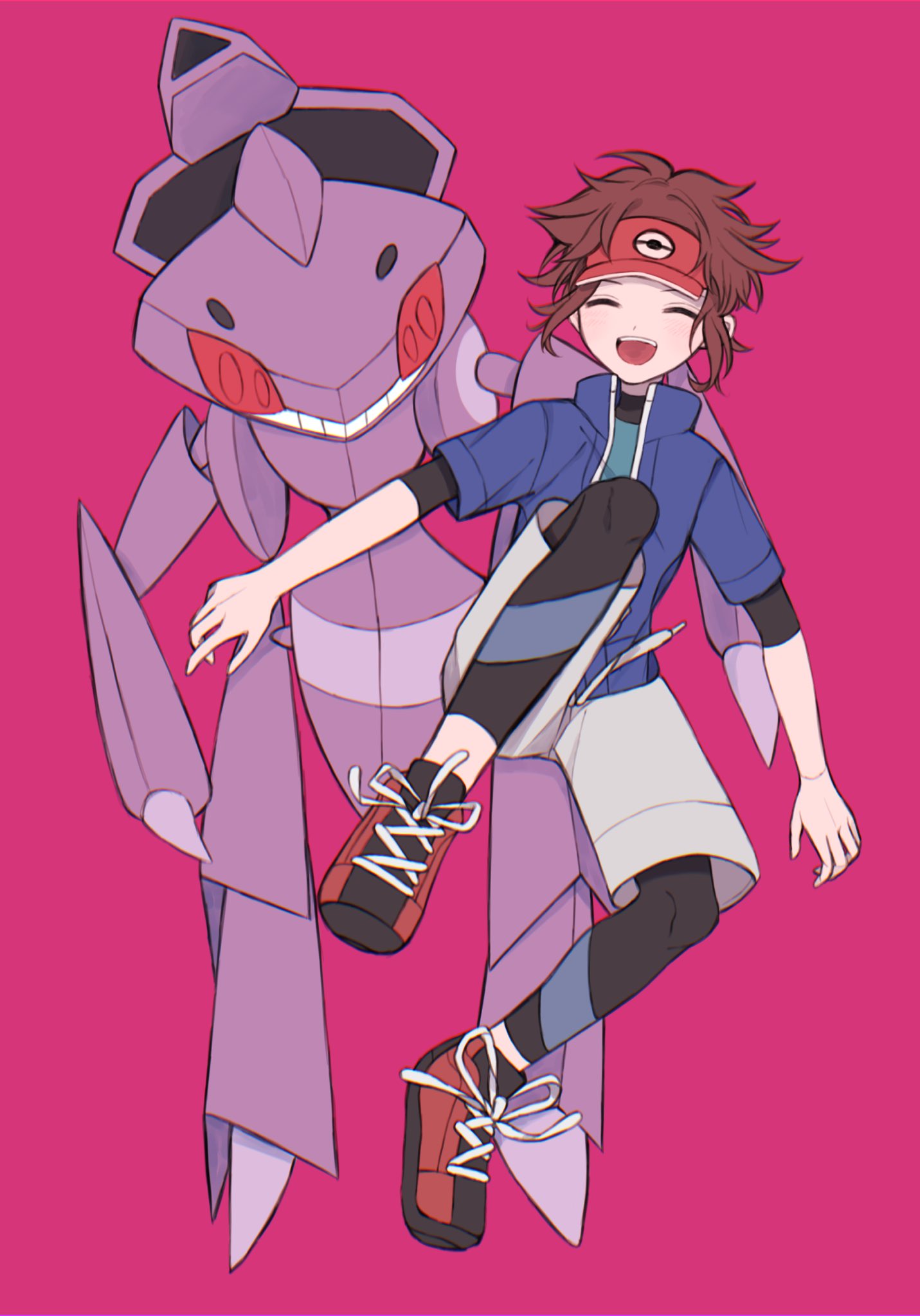 1boy :d blue_jacket bodysuit brown_hair closed_eyes commentary_request full_body genesect grey_shorts happy highres jacket knees male_focus nate_(pokemon) open_mouth pokemon pokemon_(creature) pokemon_(game) pokemon_bw2 purple_background red_headwear shoes short_hair short_sleeves shorts simple_background smile sneakers teeth tongue umekobushi upper_teeth visor_cap