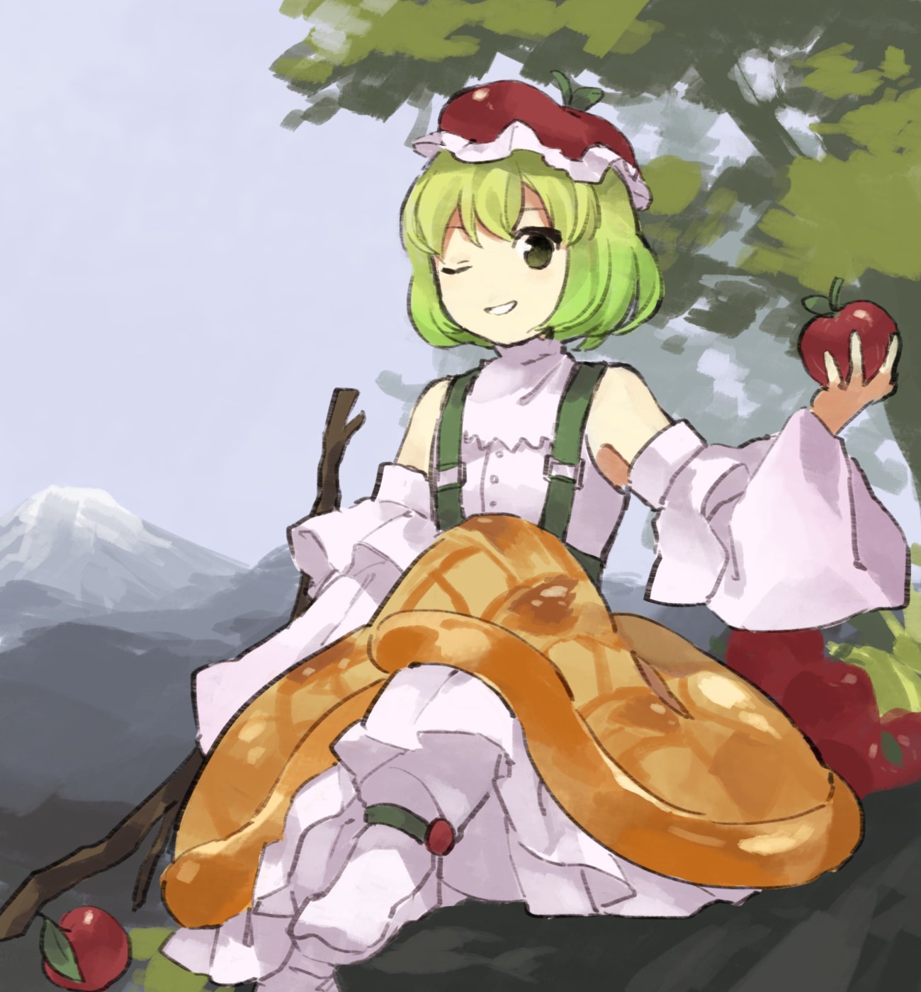 1girl ankleband apple apple_girlington borrowed_design branch detached_sleeves dress foliage food fruit fruit_hat gradient_hair green_eyes green_hair green_suspenders hat highres holding holding_branch holding_food holding_fruit kaigen_1025 looking_at_viewer mob_cap mountain multicolored_hair one_eye_closed original outdoors puffy_detached_sleeves puffy_sleeves rock shirt shoes short_hair sitting sitting_on_rock smirk solo suspenders touhou tree white_footwear white_shirt white_sleeves