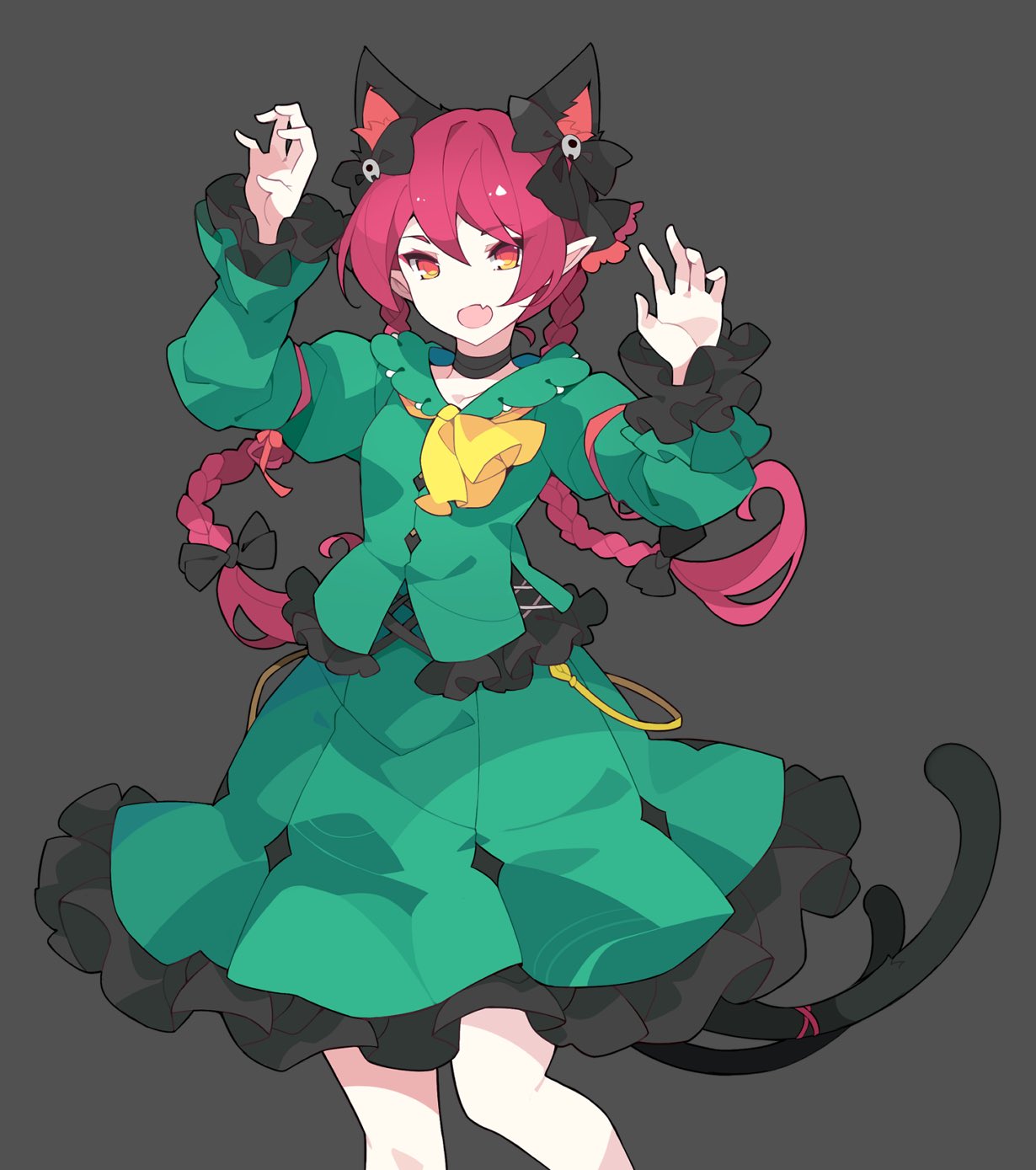 1girl alternate_costume animal_ear_fluff animal_ears arms_up ascot bangs black_background black_bow black_choker blush bow braid buttons cat_ears cat_tail choker claw_pose diamond_button extra_ears eyelashes fang feet_out_of_frame frilled_skirt frilled_sleeves frills green_skirt green_vest hair_bow highres ideolo kaenbyou_rin knees long_hair long_sleeves multiple_tails nekomata open_mouth pointy_ears red_eyes redhead sidelocks skin_fang skirt solo standing tail touhou touhou_ayaria_epic two_tails vest wide_sleeves yellow_ascot