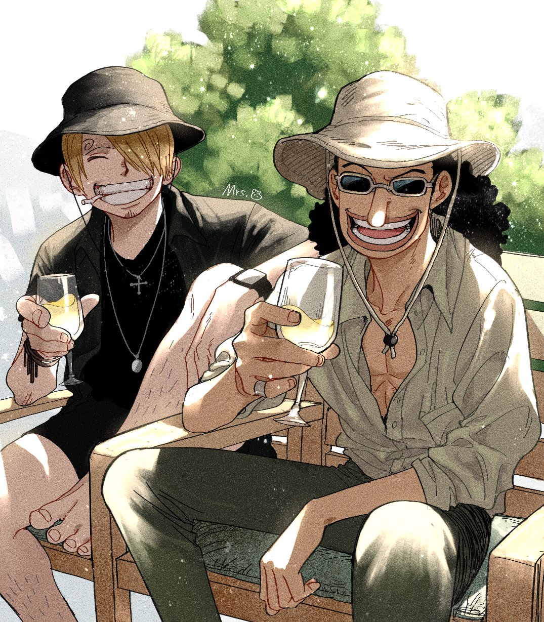 2boys alternate_costume arm_rest bare_legs barefoot black_hair black_shirt blonde_hair buttons chair cigarette closed_eyes collarbone collared_shirt cup day dress_shirt drink drinking_glass elbow_rest facing_viewer green_pants grin hair_over_one_eye hand_up hat highres holding holding_cup jewelry knee_up leg_hair long_hair long_nose long_sleeves male_focus mouth_hold mrs.custard multiple_boys one_piece open_mouth outdoors pants partially_unbuttoned pectorals pendant photo-referenced raised_eyebrow ring sanji shirt short_hair smile stomach sunglasses toes toned toned_male usopp white_shirt wine_glass wing_collar