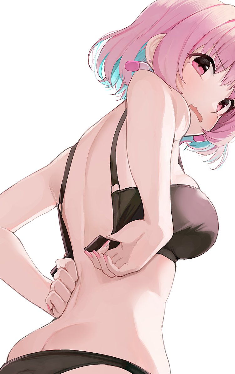 1girl arched_back arms_behind_back bangs black_bra black_panties blue_hair bra breasts butt_crack commentary earrings eyebrows_visible_through_hair fang foreshortening from_behind from_side hiroki_(yyqw7151) idolmaster idolmaster_cinderella_girls jewelry looking_at_viewer looking_back medium_breasts multicolored_hair nail_polish open_mouth panties pill_earrings pink_eyes pink_hair pink_nails simple_background skin_fang skindentation solo two-tone_hair underwear underwear_only undone_bra white_background yumemi_riamu