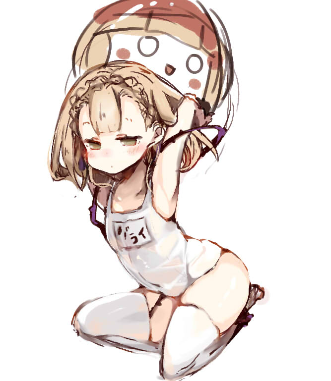 1girl armpits arms_up ball bangs beachball blonde_hair blush braid briar_rose_(sinoalice) closed_mouth full_body holding looking_at_viewer medium_hair simple_background sinoalice sitting sketch solo sukima_(crie) swimsuit thigh-highs thorns white_background white_legwear white_swimsuit yellow_eyes