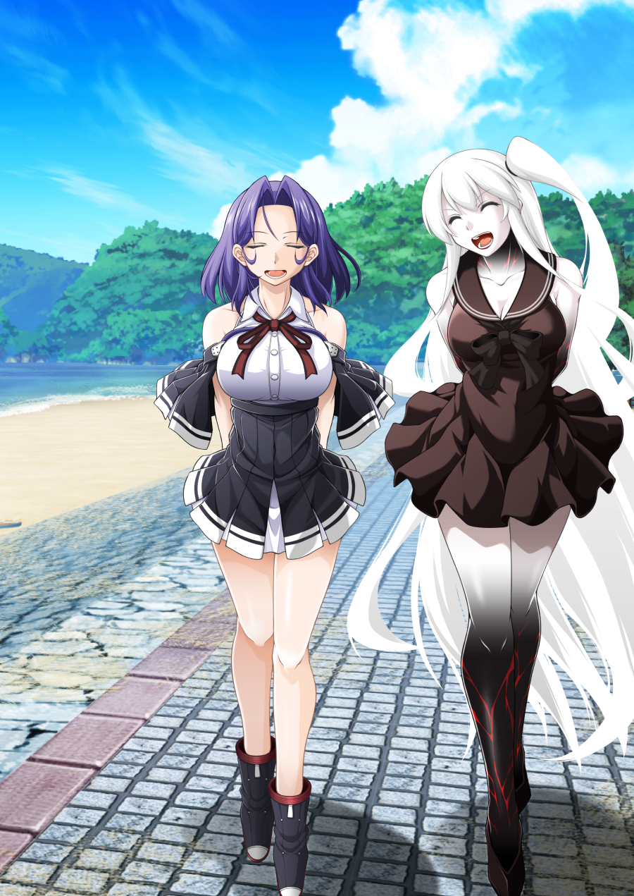 2girls abyssal_ship aircraft_carrier_princess black_dress black_skin blue_sky breasts capera closed_eyes clouds colored_skin day dress gradient_skin hair_intakes highres kantai_collection large_breasts long_hair medium_hair multiple_girls one_side_up open_mouth outdoors purple_hair remodel_(kantai_collection) sailor_dress short_dress sky sleeveless sleeveless_dress tatsuta_(kancolle) very_long_hair walking white_hair white_skin