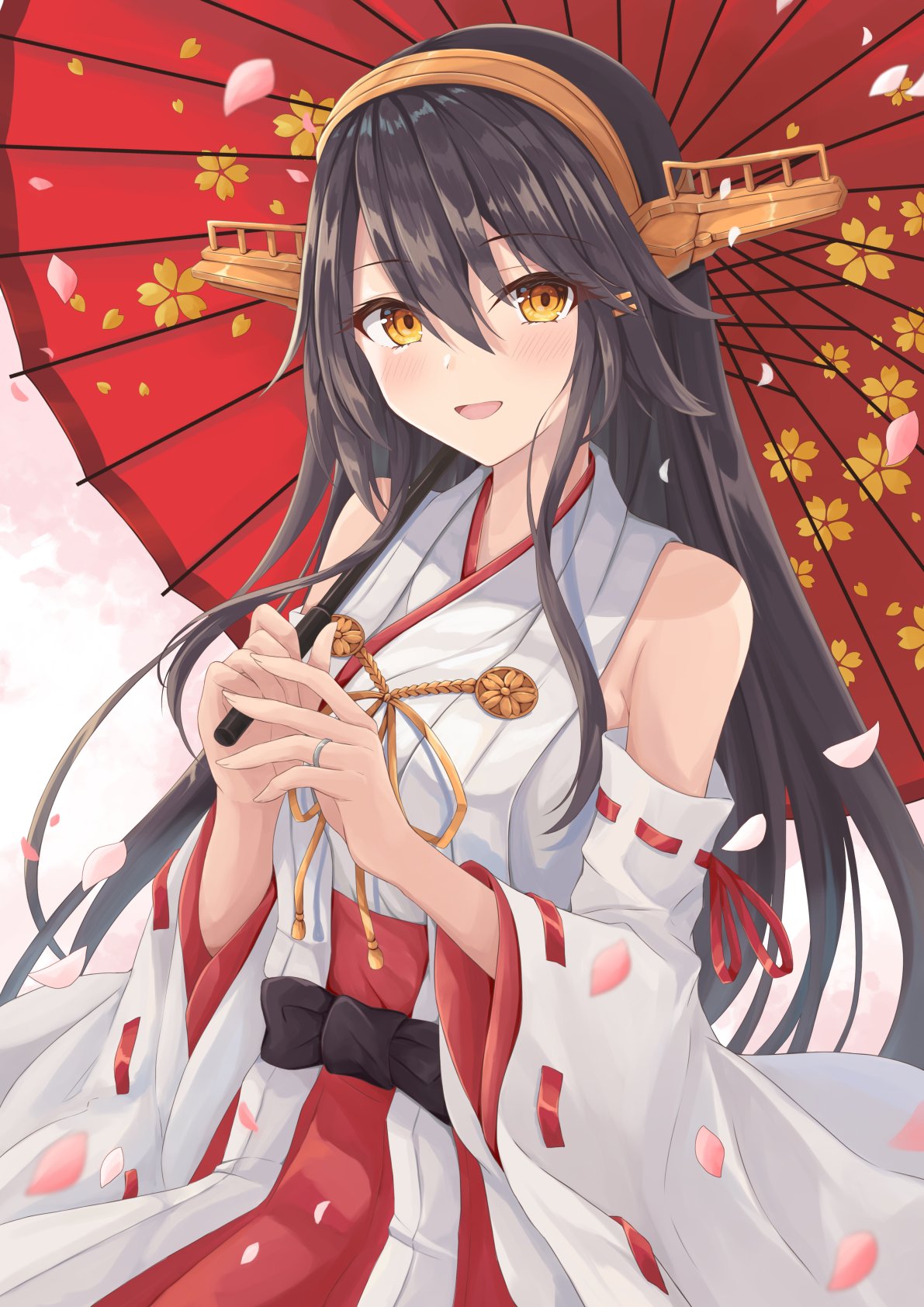 1girl bangs black_hair brown_eyes cherry_blossoms detached_sleeves eyebrows_visible_through_hair gensoukitan hair_between_eyes hair_ornament hairclip haruna_(kancolle) headgear highres holding japanese_clothes jewelry kantai_collection light_blush long_hair looking_at_viewer nontraditional_miko oil-paper_umbrella open_mouth red_skirt red_umbrella ribbon-trimmed_sleeves ribbon_trim ring skirt umbrella wedding_band
