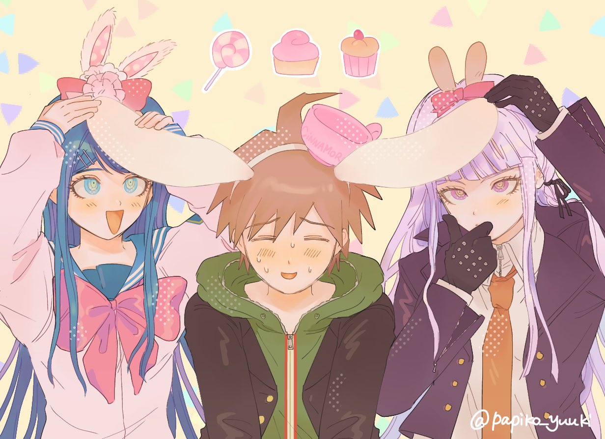 1boy 2girls alternate_hair_ornament animal_ears bangs black_gloves black_jacket black_ribbon blue_hair blue_sailor_collar blunt_bangs bow bowtie braid brown_background candy collared_shirt cup cupcake danganronpa:_trigger_happy_havoc danganronpa_(series) fake_animal_ears food gloves green_hoodie grey_shirt hair_bow hair_ornament hair_ribbon hairclip hand_up hood hood_down hoodie jacket kirigiri_kyouko lollipop long_hair maizono_sayaka multiple_girls naegi_makoto necktie object_on_head orange_necktie pink_bow pink_bowtie pink_hair purple_jacket rabbit_ears ribbon sailor_collar school_uniform shirt thinking twitter_username upper_body youji_(papiko_yuuki)