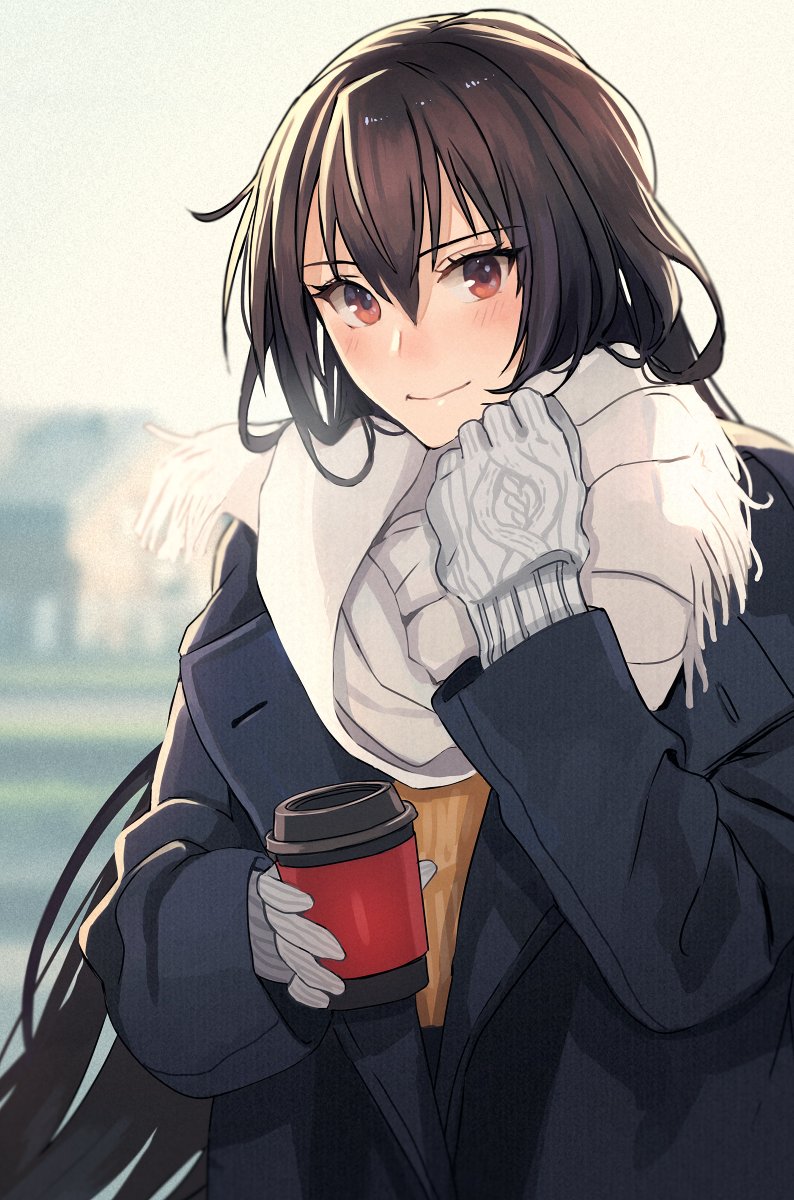 1girl alternate_costume black_coat black_hair blush closed_mouth coat coffee_cup cup disposable_cup eyebrows_visible_through_hair fringe_trim gloves grey_gloves hair_between_eyes highres holding holding_cup kantai_collection kasumi_(skchkko) long_hair long_sleeves nagato_(kancolle) red_eyes scarf smile solo upper_body white_scarf