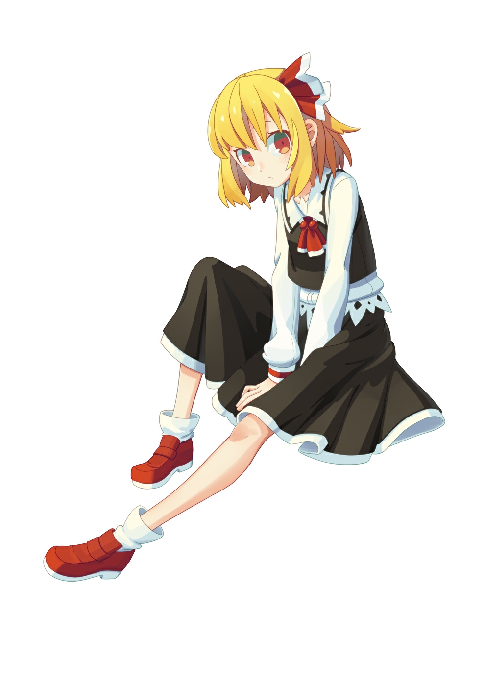 14mango 1girl arms_between_legs ascot bangs black_skirt black_vest blonde_hair closed_mouth flat_chest frilled_shirt_collar frilled_skirt frills full_body hair_ribbon highres long_sleeves looking_at_viewer red_ascot red_eyes red_footwear ribbon rumia shirt shoes short_hair simple_background sitting skirt skirt_set socks solo touhou vest white_background white_shirt white_sleeves white_socks
