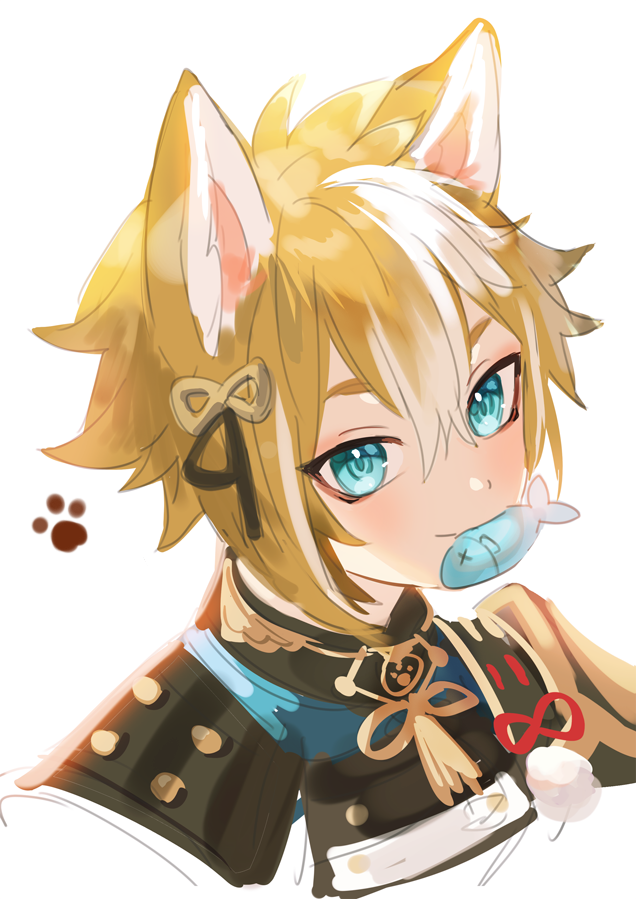 1boy animal_ears armor bangs blue_eyes blush brown_hair cropped_shoulders dog_boy dog_ears fish fractalmagnolia genshin_impact gorou_(genshin_impact) hair_between_eyes hair_ornament japanese_armor japanese_clothes looking_at_viewer male_focus mouth_hold paw_print portrait simple_background sketch smile solo tassel white_background