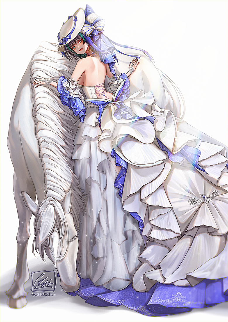 1girl azur_lane backless_dress backless_outfit blue_hair bow breasts cheshire_(azur_lane) cheshire_(the_cat_and_the_white_steed)_(azur_lane) chie00chan detached_sleeves dress hat large_breasts layered_dress multicolored_hair official_alternate_costume purple_bow purple_hair sideboob simple_background solo streaked_hair sun_hat two-tone_hair unicorn white_background white_headwear white_horse