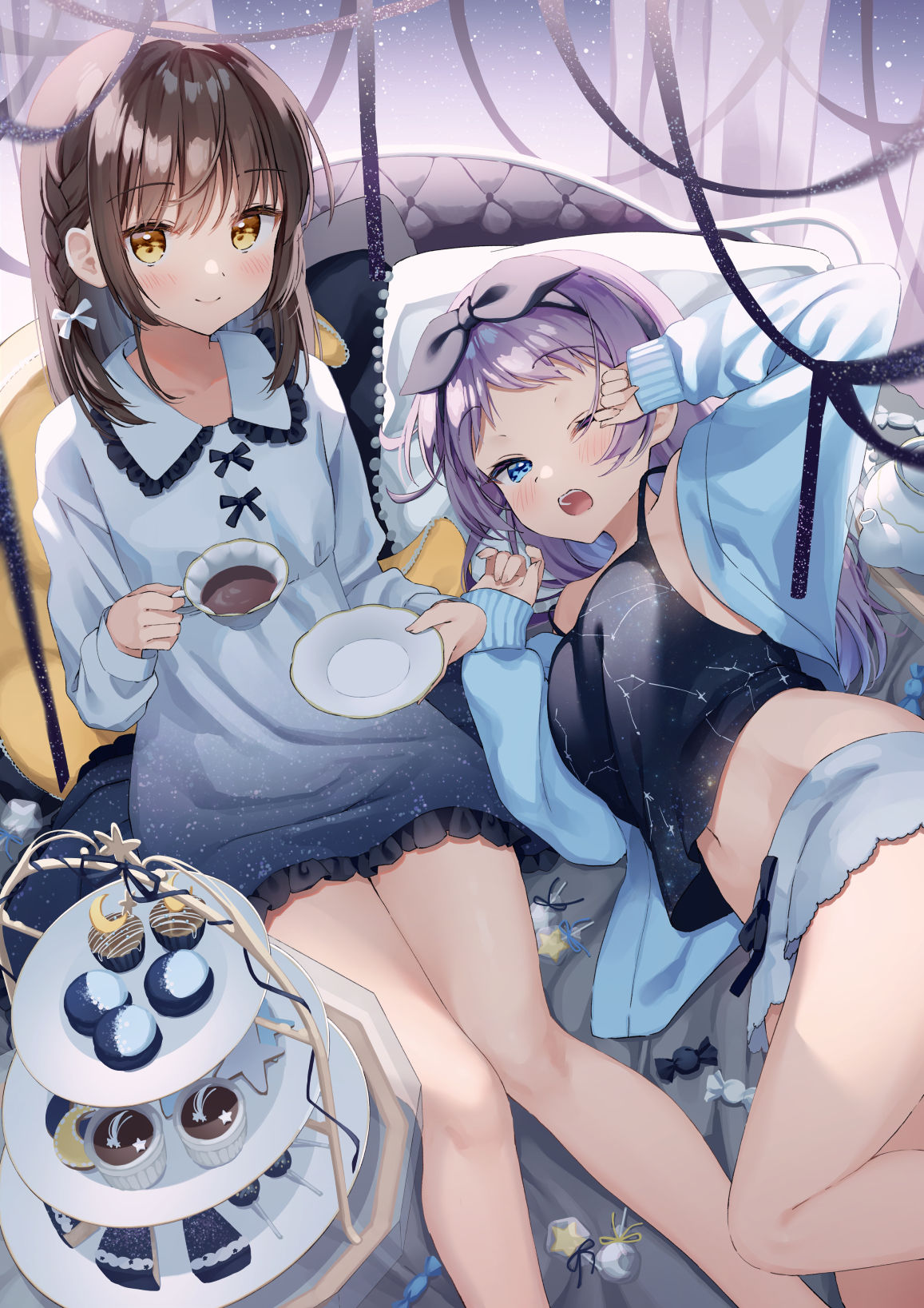 2girls bangs bare_legs blue_eyes blue_jacket blush breasts brown_eyes brown_hair camisole candy closed_mouth commentary_request constellation_print cup dress eyebrows_visible_through_hair food highres holding holding_cup holding_saucer jacket long_sleeves looking_at_viewer lying midriff multiple_girls muninshiki navel on_side open_clothes open_jacket open_mouth original pillow print_dress print_shirt purple_hair rubbing_eyes saucer shirt short_shorts shorts sitting sleeves_past_wrists smile starry_sky_print sweets tiered_tray