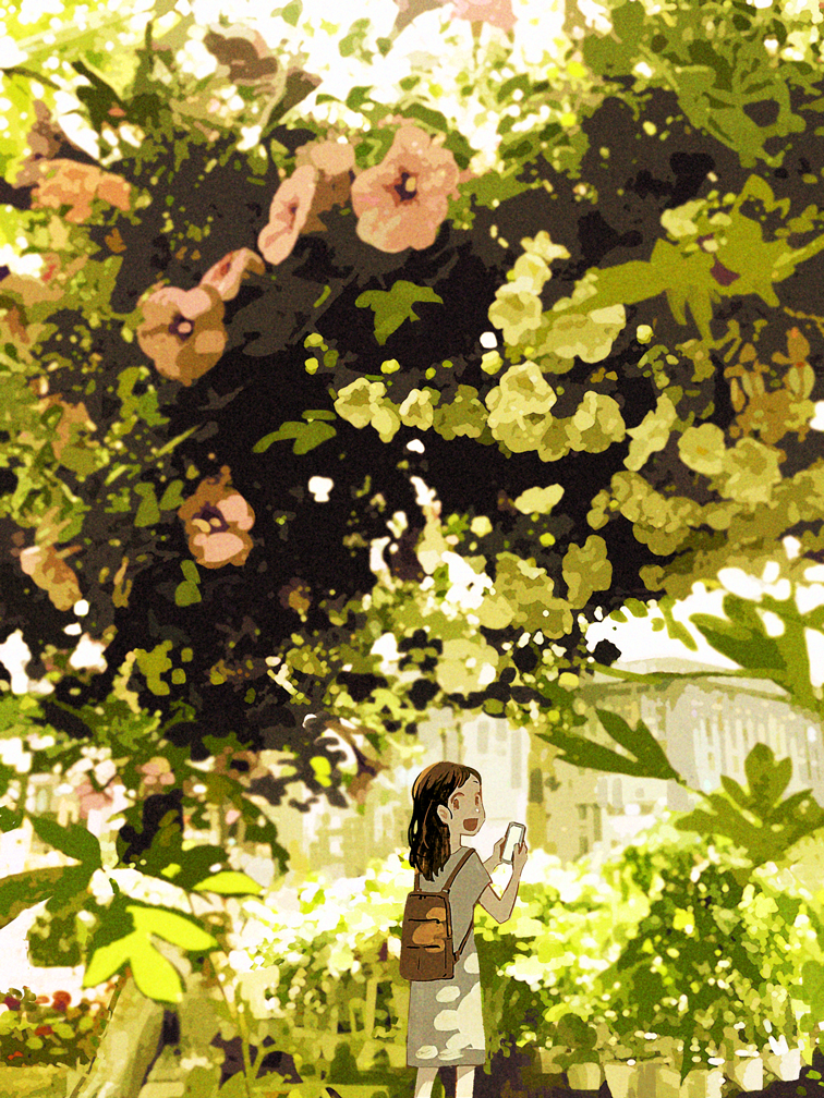 :d backpack bag bangs black_hair bloom blurry blurry_background brown_bag cellphone dappled_sunlight day depth_of_field dot_nose dress feet_out_of_frame flower flower_pot from_behind from_side grey_dress hair_behind_ear hands_up holding holding_phone leaf light_brown_eyes long_hair looking_at_viewer looking_back medium_dress monaka_(siromona) open_mouth original outdoors phone photo_background pink_flower plant potted_plant scenery short_sleeves smartphone smile standing sunlight swept_bangs tareme tree wide_shot