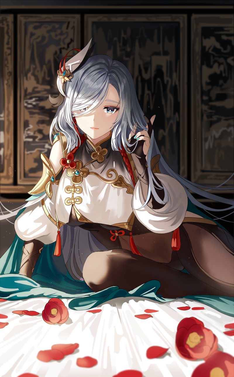 1girl bangs blue_eyes bodysuit chinese_clothes closed_mouth flower genshin_impact green_nails hair_ornament hand_in_hair highres long_hair long_sleeves looking_at_viewer nail_polish petals shenhe_(genshin_impact) silence_girl silver_hair sitting solo