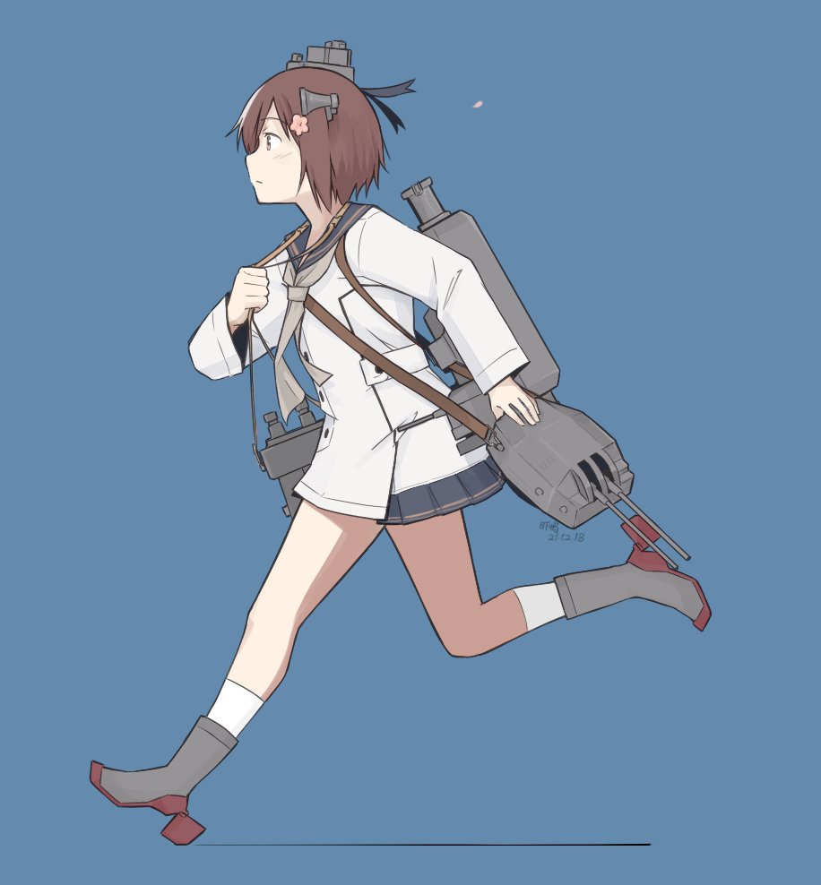 1girl binoculars blue_background brown_eyes brown_hair cherry_blossoms dress flower grey_neckwear hair_flower hair_ornament headset high_heels kantai_collection kusakasima neckerchief remodel_(kantai_collection) rudder_footwear running sailor_collar sailor_dress short_hair socks solo speaking_tube_headset torpedo_launcher turret white_legwear yukikaze_(kancolle)