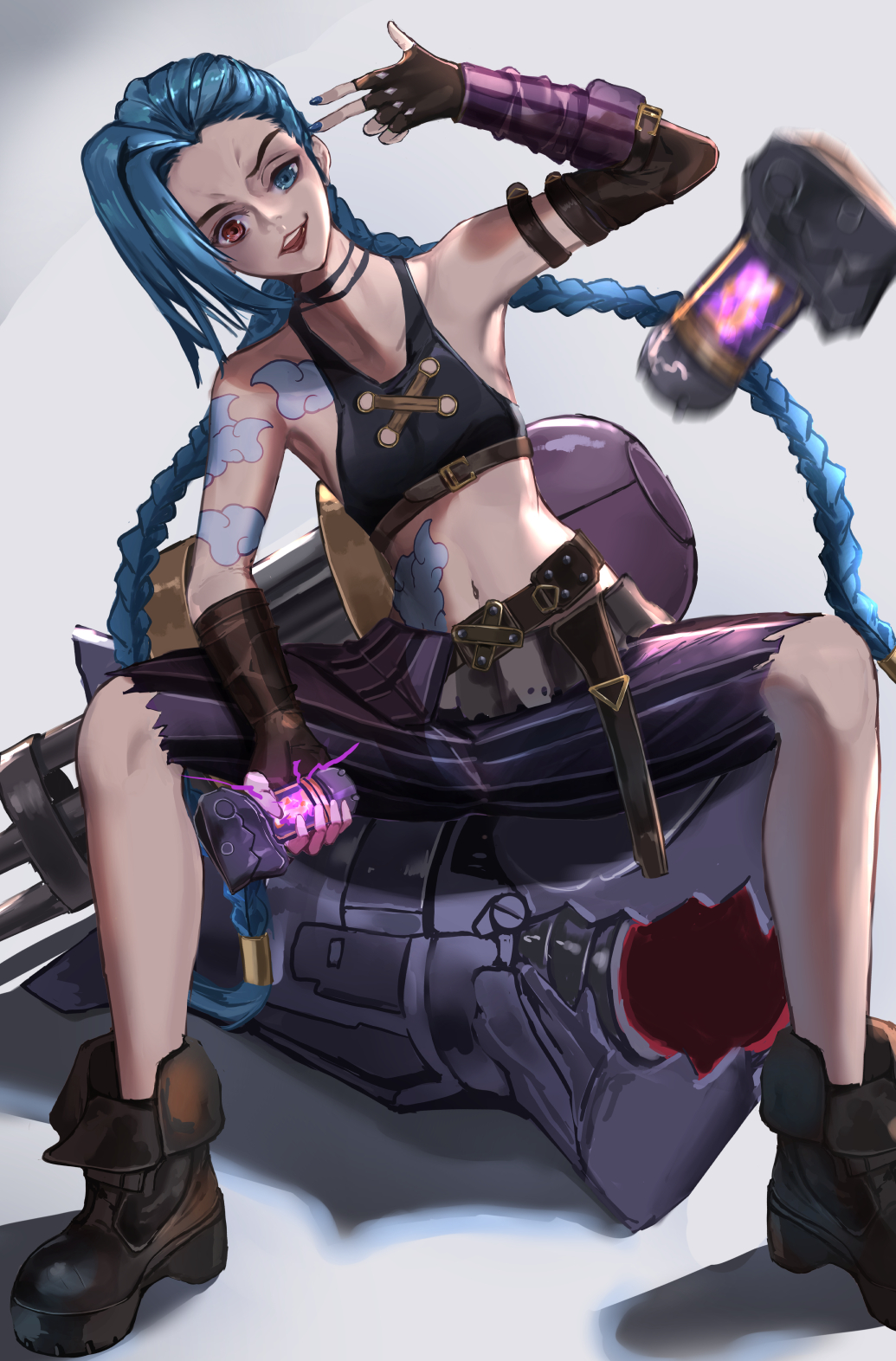 1girl :d arcane:_league_of_legends arcane_jinx arm_tattoo armpits asymmetrical_bangs bangs bare_shoulders blue_eyes blue_hair braid breasts brown_footwear closed_mouth cloud_tattoo crop_top explosive fingerless_gloves gatling_gun gloves grenade heterochromia highres holding holding_grenade jinx_(league_of_legends) league_of_legends legs_apart long_hair looking_at_viewer minigun navel nnn_(nonightnomad) pants red_eyes shoes shoulder_tattoo small_breasts smile solo stomach striped striped_pants tattoo teeth torn_clothes torn_pants twin_braids upper_teeth weapon