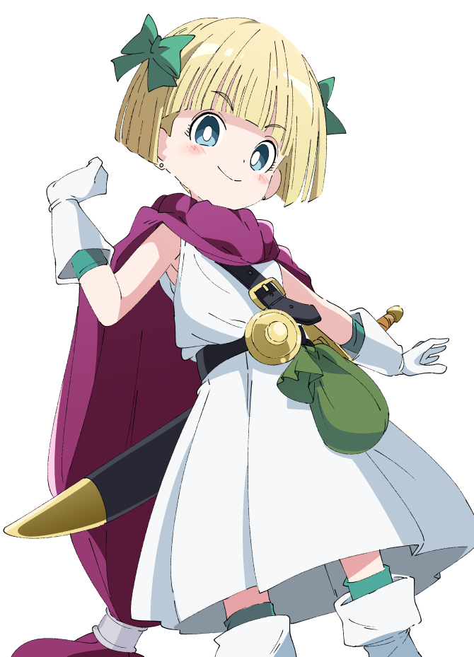 1girl bangs belt black_belt blonde_hair blunt_bangs bow bright_pupils cape closed_mouth dragon_quest dragon_quest_v dress eyebrows_visible_through_hair gloves green_bow hair_bow hero's_daughter_(dq5) ixy long_hair looking_at_viewer purple_cape short_hair simple_background smile solo sword weapon white_background white_dress white_gloves white_pupils