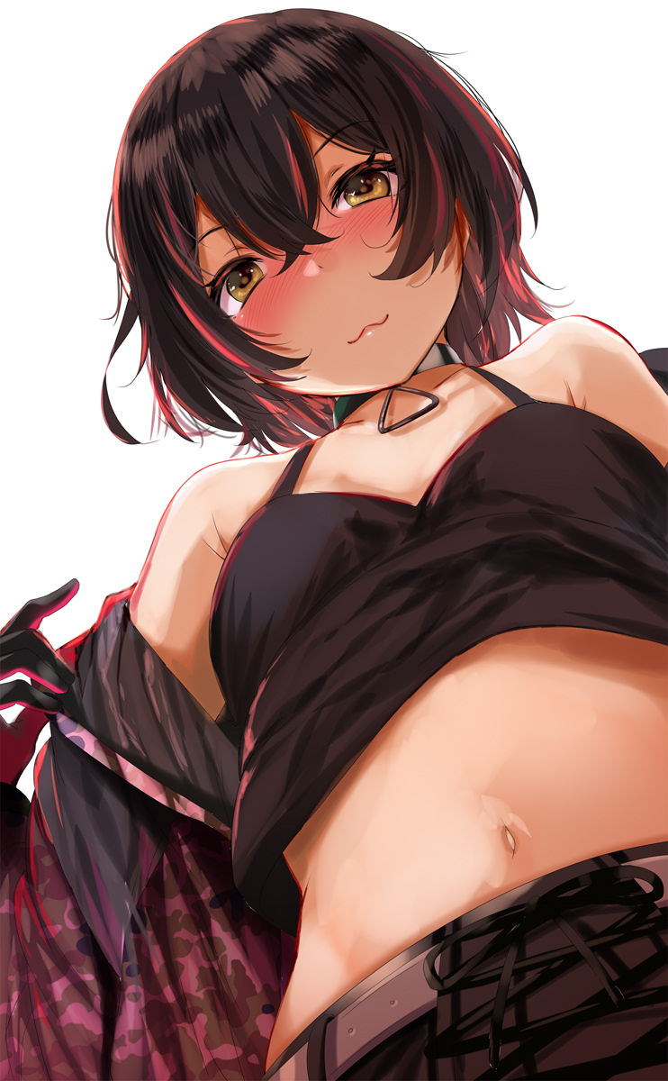 1girl :3 black_choker black_gloves black_hair choker collarbone commentary from_below fumihiko_(fu_mihi_ko) gloves hair_between_eyes highres hololive looking_at_viewer midriff multicolored_hair navel redhead roboco-san simple_background smile solo two-tone_hair virtual_youtuber white_background