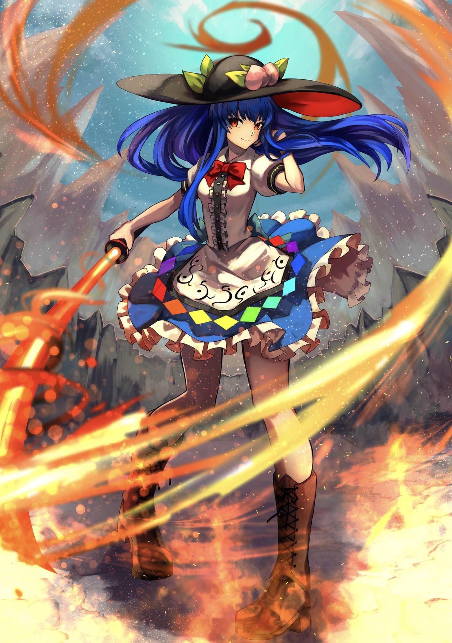 1girl arm_up bangs belt black_belt black_headwear blue_hair blue_skirt blush boots bow bowtie brown_footwear buckle buttons center_frills closed_mouth eyebrows_visible_through_hair flaming_sword flaming_weapon food frills fruit fruit_hat_ornament full_body hand_on_hip hand_on_own_face hat highres hinanawi_tenshi holding holding_sword holding_weapon knee_boots leaf long_hair looking_at_viewer peach peach_hat_ornament pigeon-toed puffy_short_sleeves puffy_sleeves rainbow_order red_bow red_bowtie red_eyes red_neckwear red_ribbon ribbon rope short_sleeves skirt smile solo standing star_(symbol) sword sword_of_hisou tassel teo_(telo_ruka) touhou weapon wing_collar
