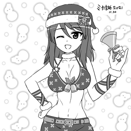 1girl ;d alternate_headwear arm_ribbon artist_name bangs bell belt bikini birthday bow breasts commentary_request dated fur_collar fur_cuffs girls_und_panzer_senshadou_daisakusen! greyscale groin halterneck hand_on_hip hat hat_bow holding holding_bell holly looking_at_viewer lowres medium_breasts medium_hair midriff mika_(girls_und_panzer) monochrome nanashiro_gorou navel official_alternate_costume one_eye_closed open_mouth partial_commentary pinky_out print_bikini print_skirt ribbon santa_bikini santa_hat signature skirt smile snowman_print solo standing swimsuit