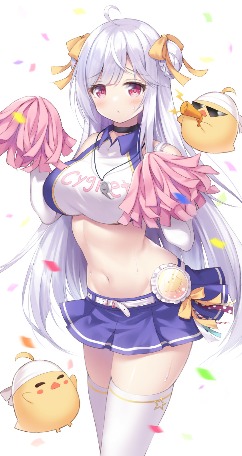 1girl ahoge azur_lane bangs bare_shoulders belt bird black_choker blush blush_stickers braid braided_bun breasts character_name cheerleader chick choker closed_mouth clothes_writing commentary cowboy_shot crop_top cropped_shirt cygnet_(azur_lane) cygnet_(royal_fanfare)_(azur_lane) double_bun elbow_gloves eyebrows_visible_through_hair gloves groin hair_between_eyes hair_ornament hair_ribbon highres holding holding_megaphone holding_pom_poms large_breasts long_hair looking_at_viewer manjuu_(azur_lane) megaphone midriff navel official_alternate_costume pink_pom_poms pleated_skirt pom_pom_(cheerleading) purple_skirt red_eyes ribbon sakuba_nao shirt sidelocks simple_background skindentation skirt sleeveless sleeveless_shirt standing sweat taut_clothes taut_shirt thigh-highs two-tone_shirt whistle whistle_around_neck white_background white_belt white_gloves white_hair white_legwear white_shirt yellow_ribbon zettai_ryouiki